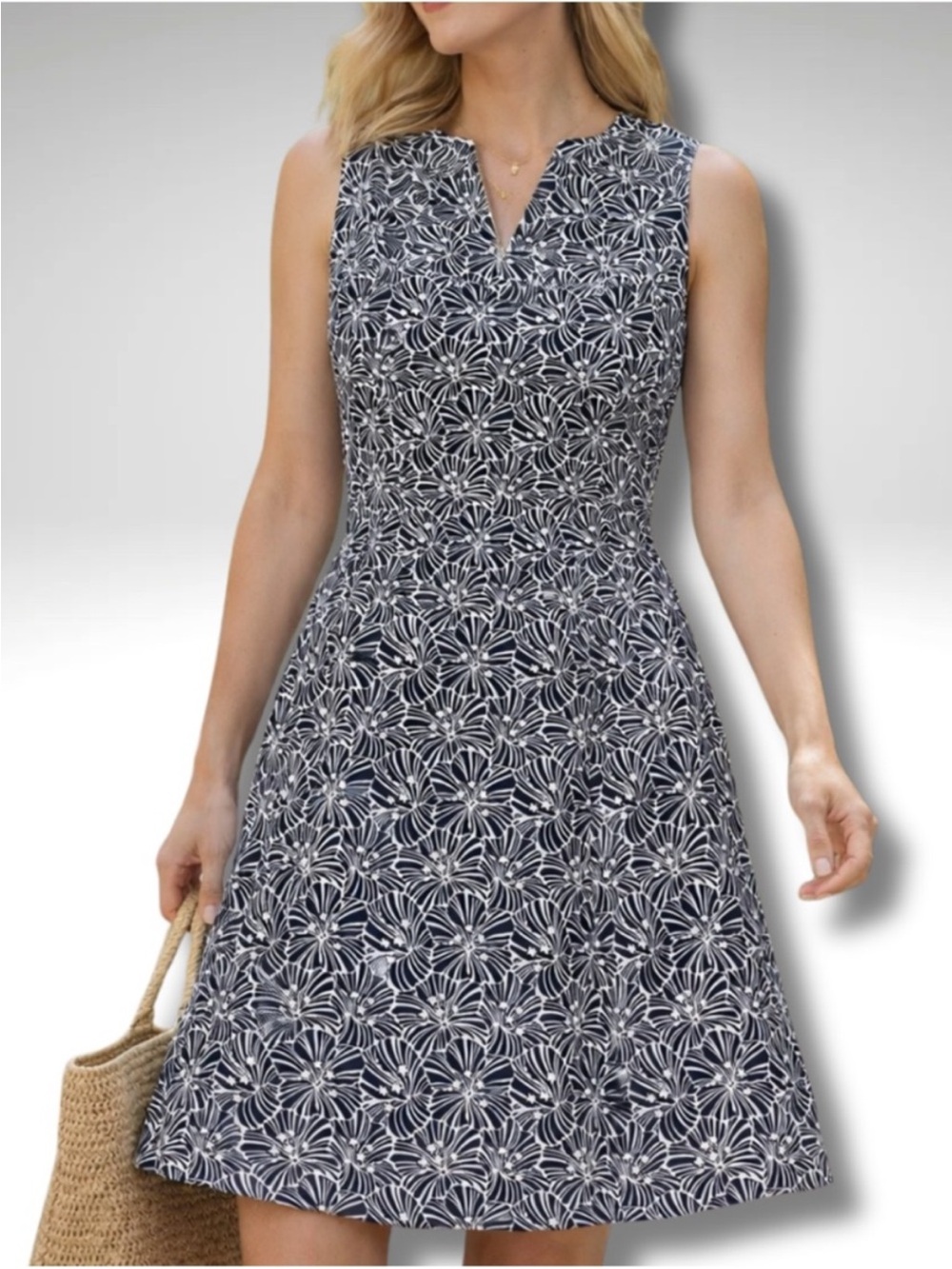 Brooks Brothers Geometric Floral Fan Shift Dress Black White Size 8 Perfect